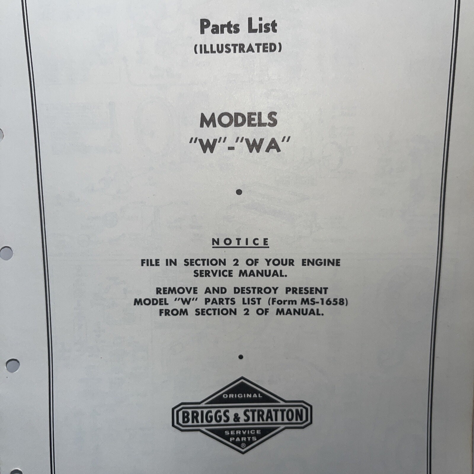 Vintage Briggs Stratton Illustrated Parts List Models W-WA