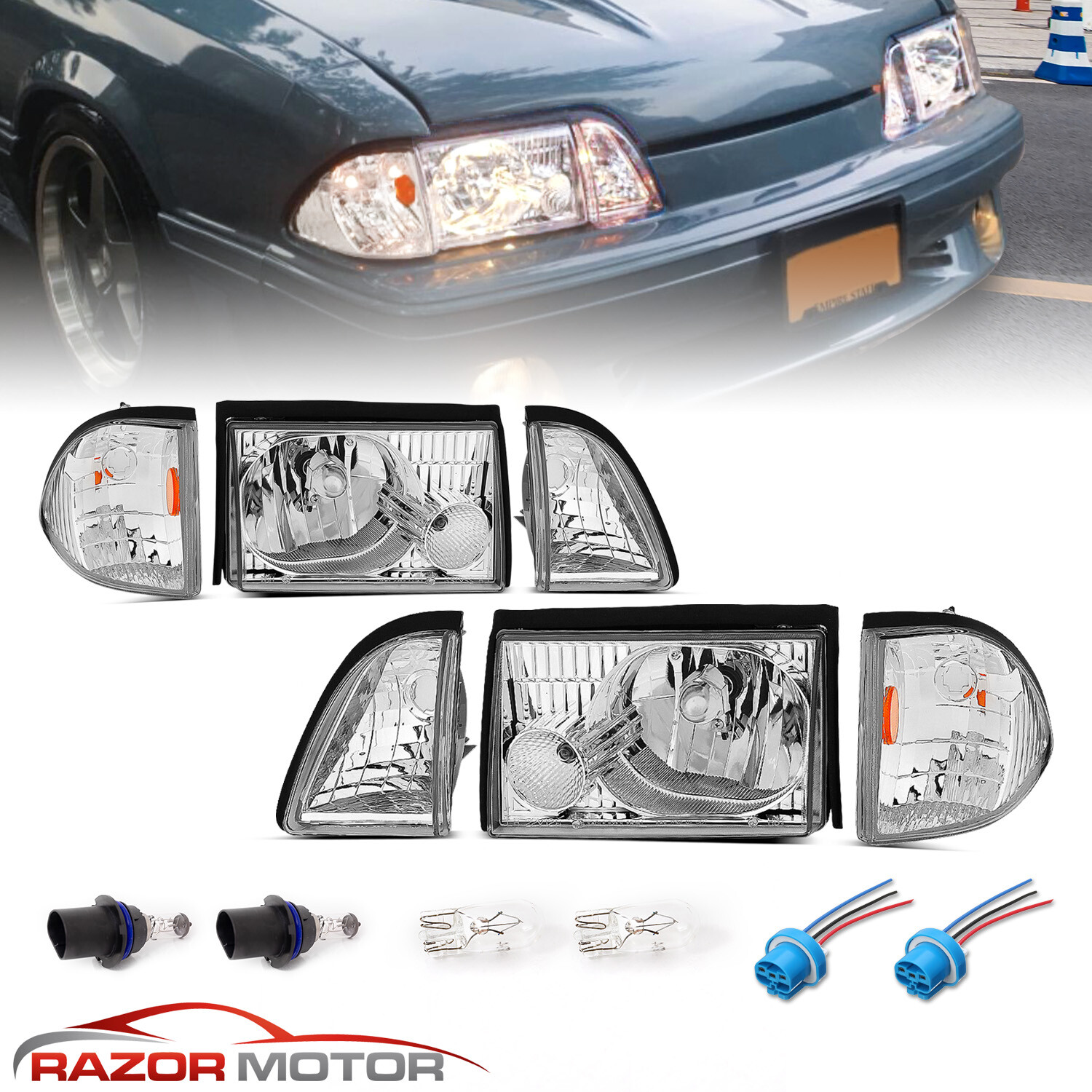 1987-1993 For Ford Mustang Chrome Headlights W/Corner Parking Lamp