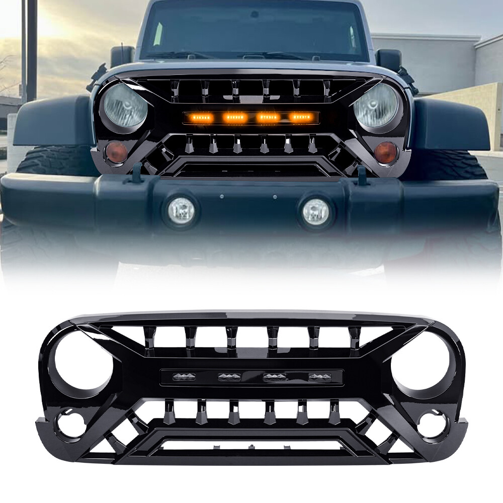 For 07-18 Jeep Wrangler JK Glossy Black Armor Grill Front Grille w/Amber Lights For 07-18 Jeep Wrangler JK Glossy Black Armor Grill Front Grille w/Amber Lights