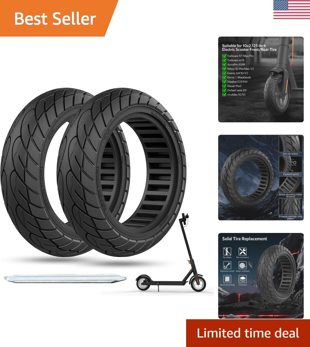 10x2.125 Anti-Puncture Scooter Tire - -Round Performance, 2 Pack Essential 10x2.125 Anti-Puncture Scooter Tire - -Round Performance, 2 Pack Essential