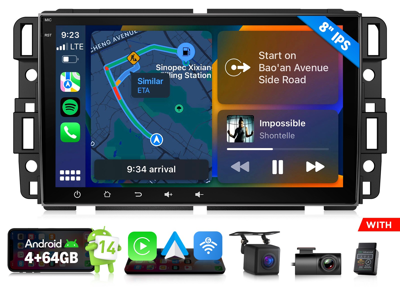 OBD+CAM+DVR+Android 14 Car Stereo GPS Nav for Chevy GMC Radio 8\