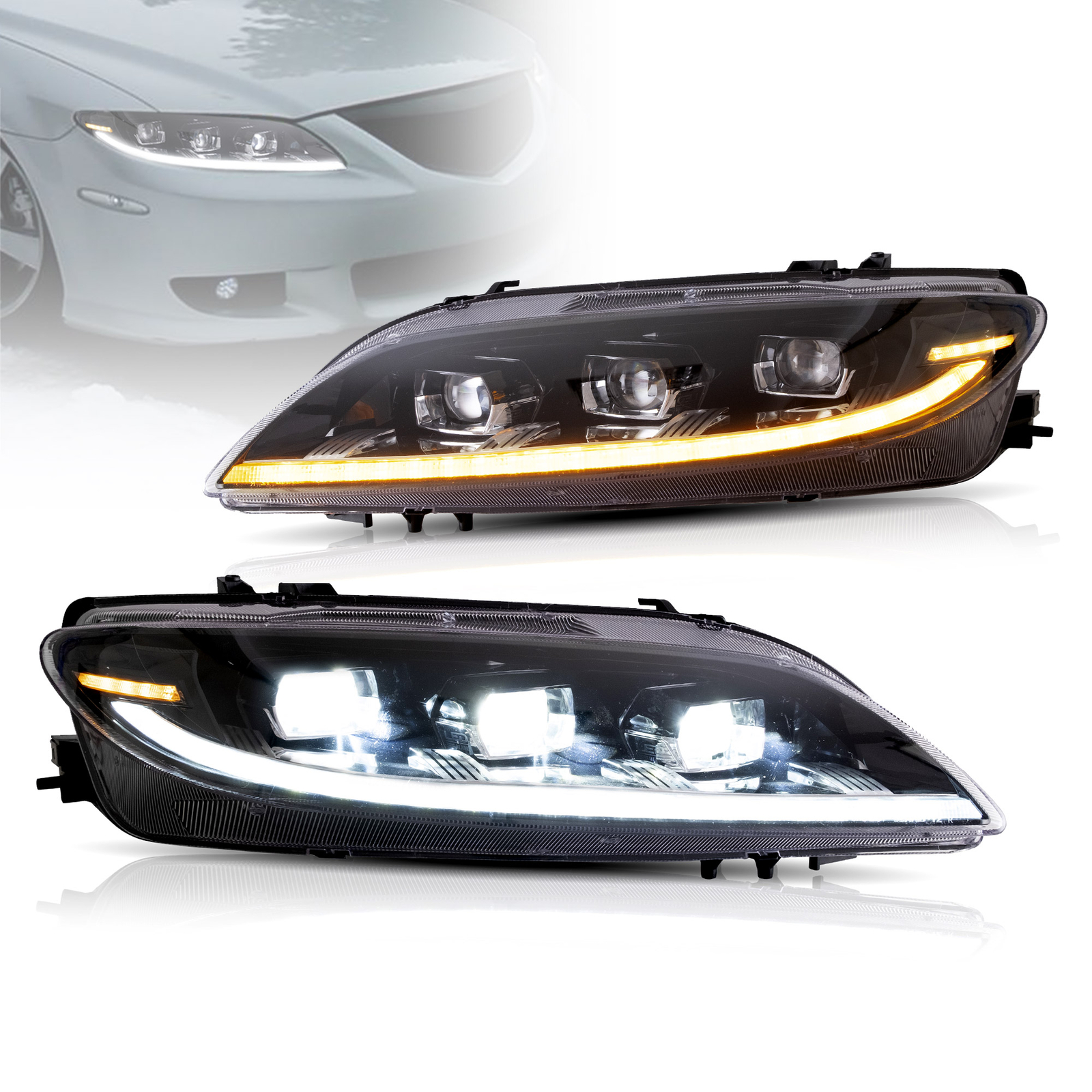 LED Headlights For 2003-2008 Mazda 6 Sequential Turn Signal w/ Startup Animation
