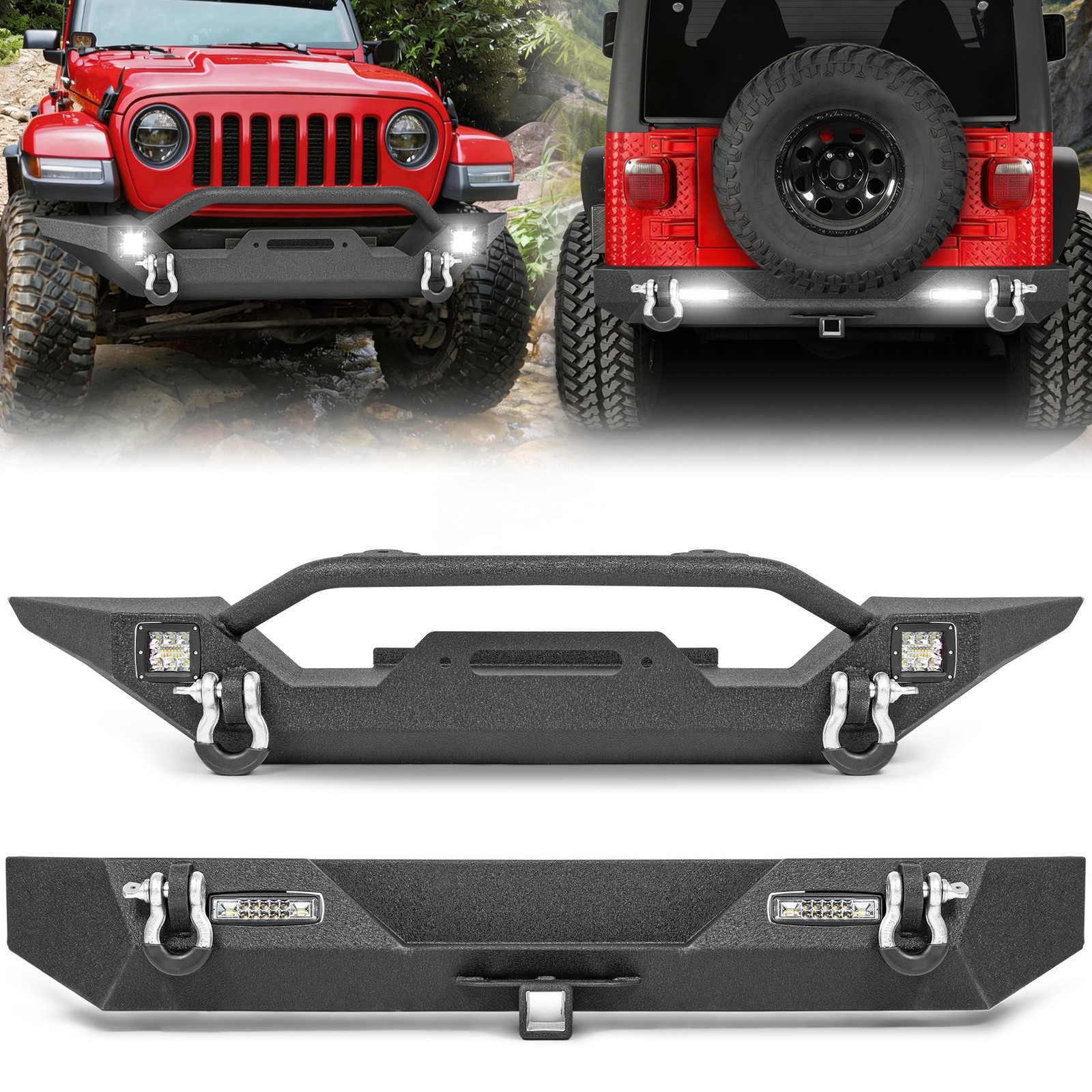 Front/Rear Bumper For 87-06 Jeep Wrangler TJ YJ W/D-Rings LED Lights Winch Plate