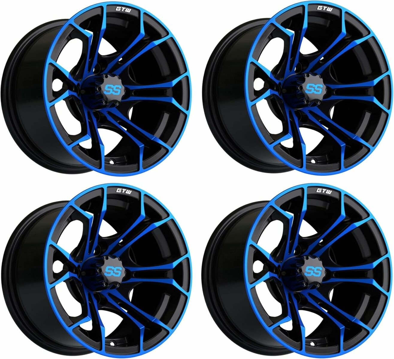 Set of 4 GTW Spyder 12x7 Blue/Black Aluminum Golf Cart Wheel | 3:4 Offset | 4x4