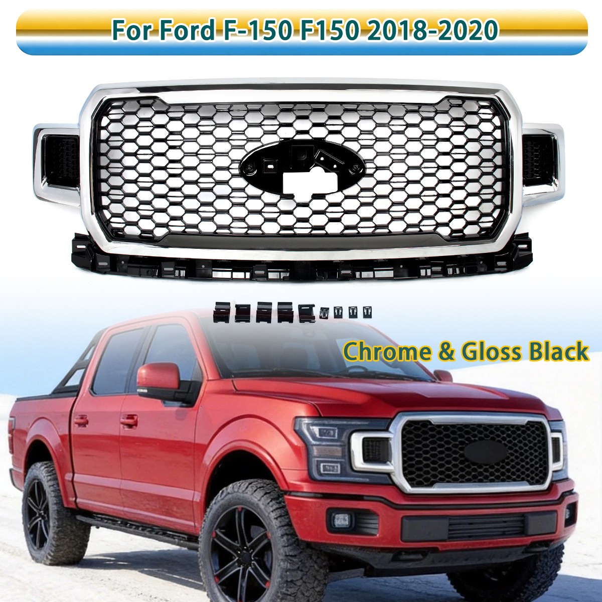 For 2018-2020 Ford F-150 F150 Chrome & Gloss Black Mesh Front Upper Grille Grill