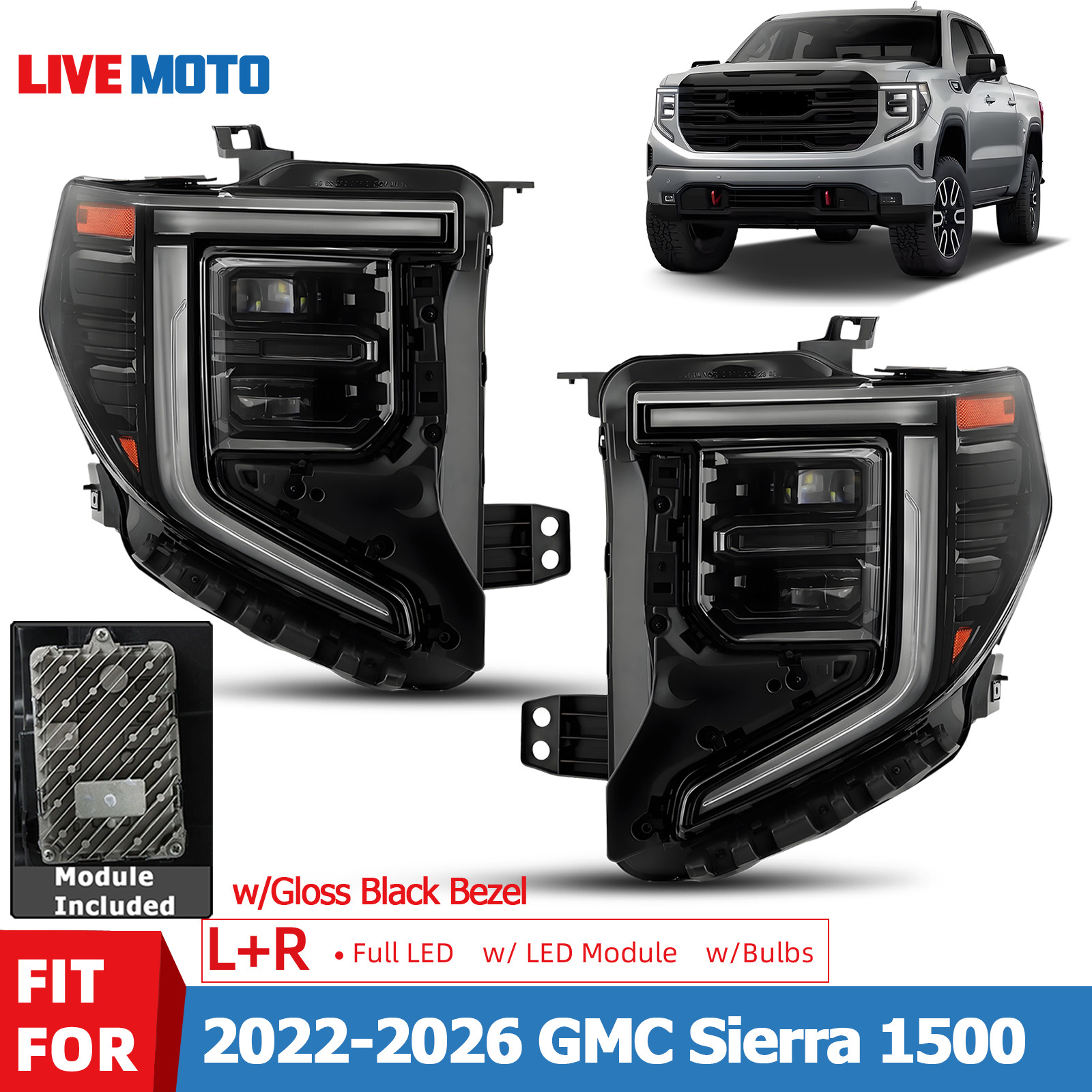 For 2022-2026 GMC Sierra 1500 Full LED Headlights Black Bezel Left&Right Pair