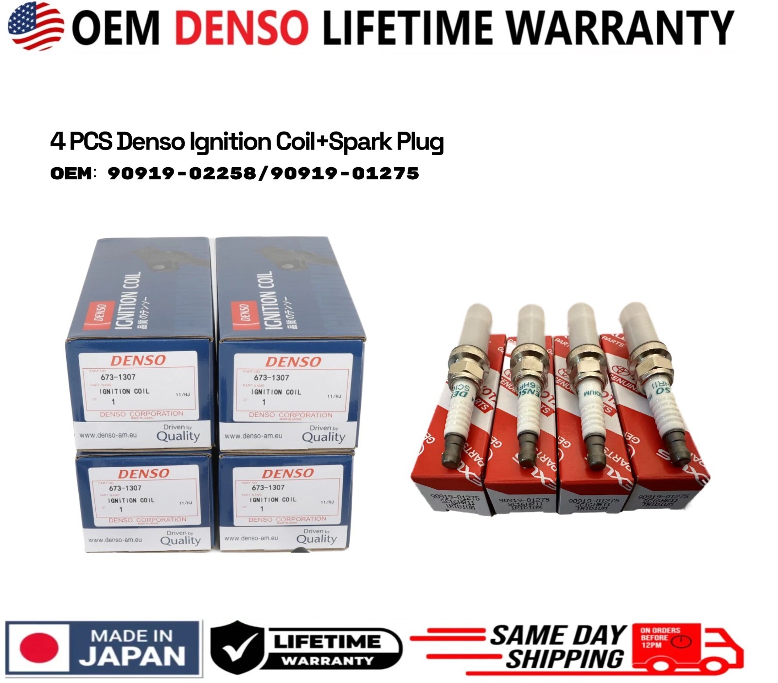 4x OEM Denso UF596 Ignition Coil & Spark Plugs Pack for Corolla Prius Lexus 1.8L
