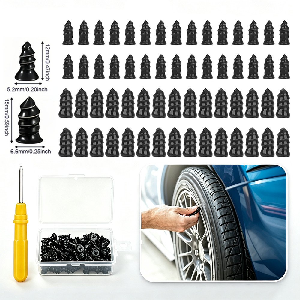 60PCS Car Vacuum Tire Repair Nail Rubber Screw Nails+ Screwdriver Tool Set w/Box