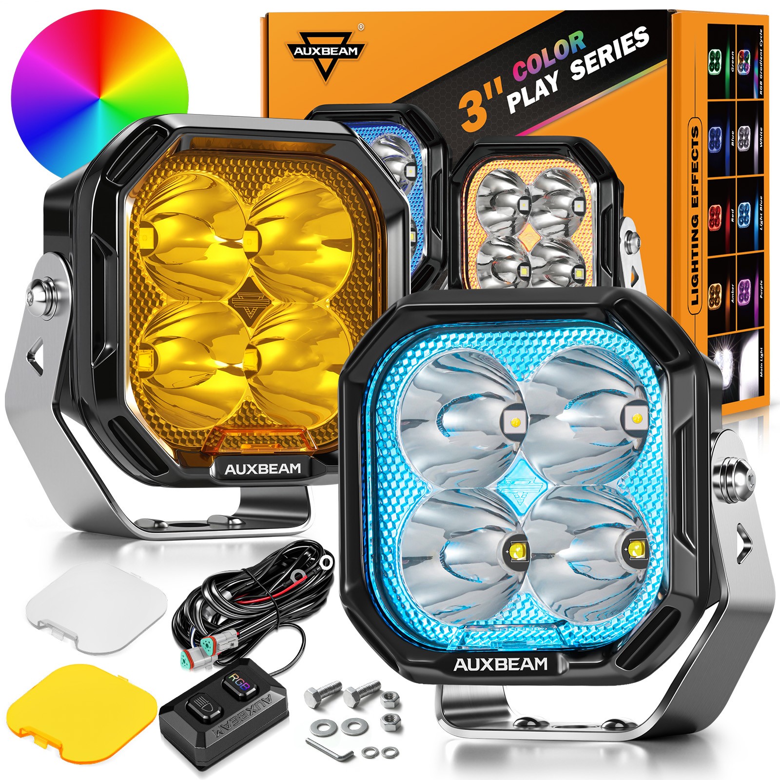 AUXBEAM 3 Inch 116W RGB LED Pod Lights Spot Beam Off Road Lights With 8 Backlit