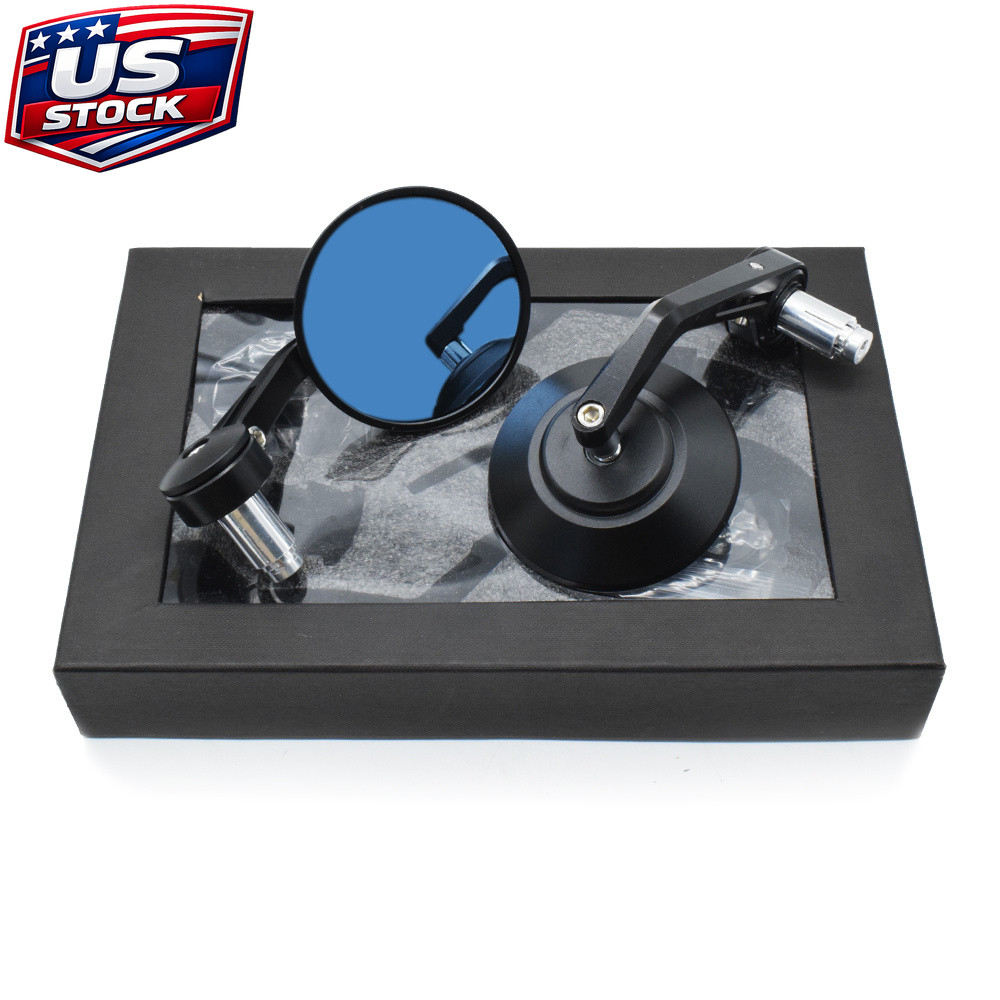 7/8 in Motorcycle Bar End Mirrors Pair Black Blue Anti-Glare Glass Universal