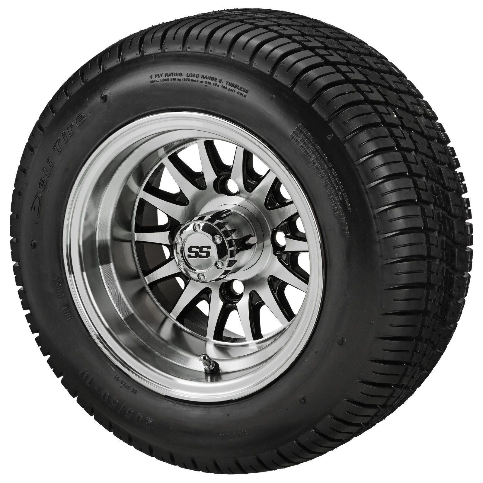 (4) Golf Cart 205/50-10 Deli Low Pro Tire on 10x7 Black/Machined 14-Spoke Wheels (4) Golf Cart 205/50-10 Deli Low Pro Tire on 10x7 Black/Machined 14-Spoke Wheels