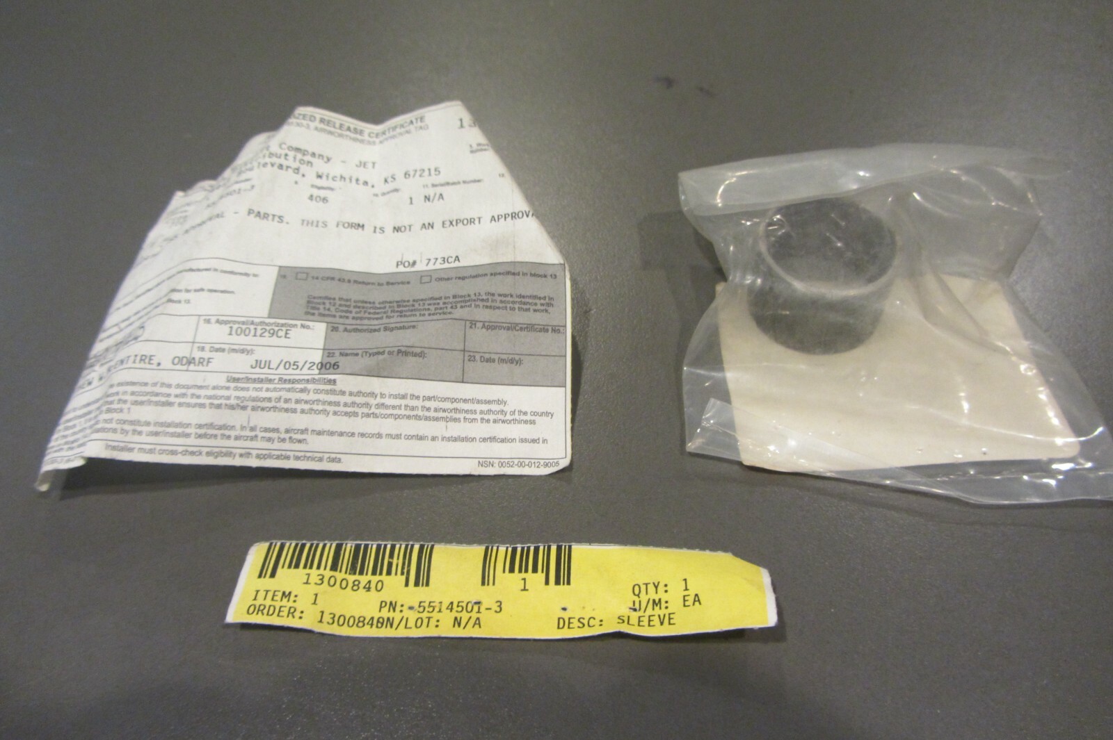 Cessna Citation P/N 5514501-3 Sleeve w/ 8130-3