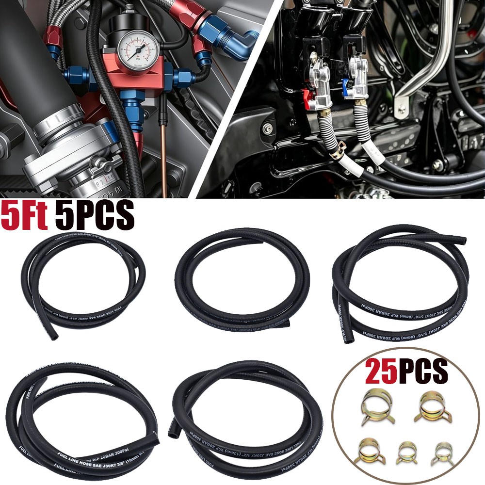 5PCS 5Ft Rubber NBR Fuel Line Hose Kit W/ 25 Clamps Black For Acura Accessories