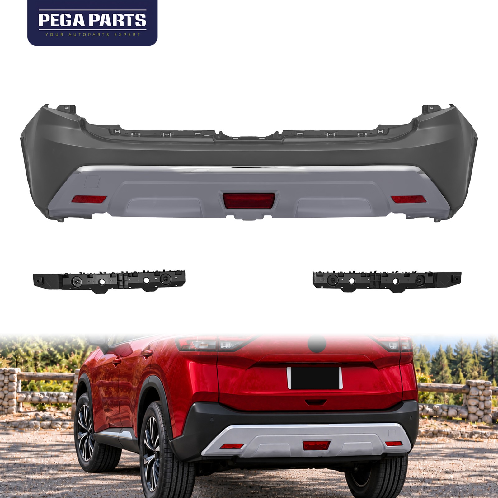 Primed Rear Bumper Cover Kit For 2021-2023 Nissan Rogue Chrome Trim Reflectors