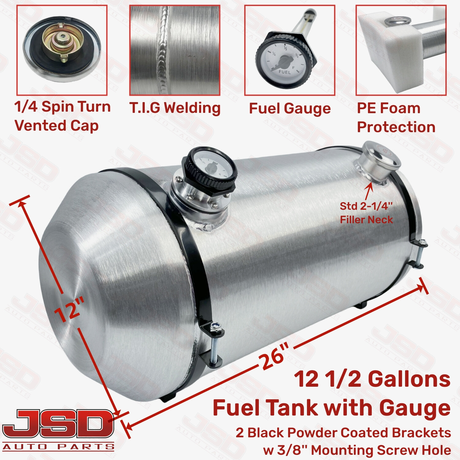 Universal 12\'\'x26\'\' 12.5 Gallon 1/4 NPT Spun Aluminum Gas Tank Fuel Tank W/Gauge