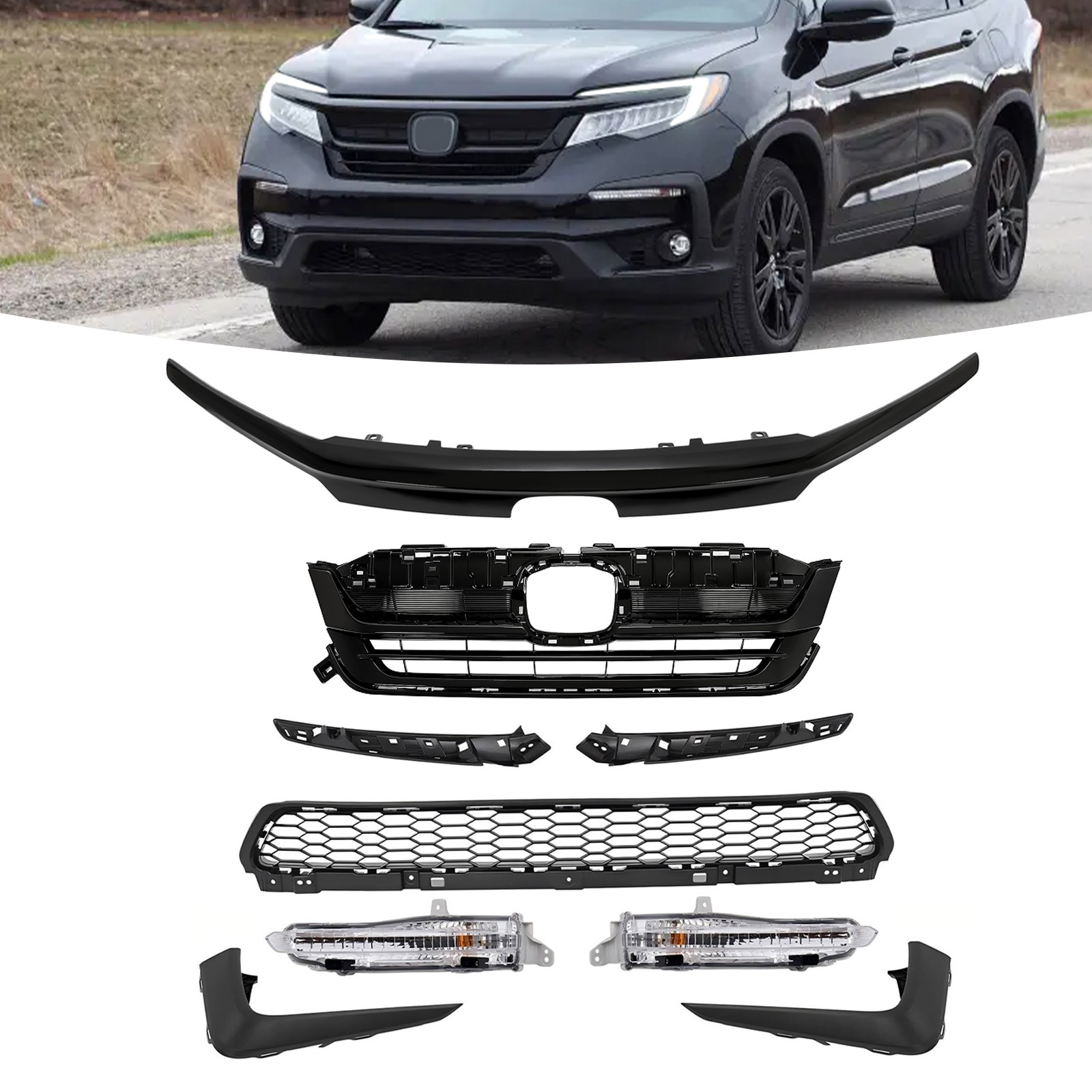 For 2019-2022 Honda Pilot Upper Lower Grille W/Gloss Black Trim Fog Light Set