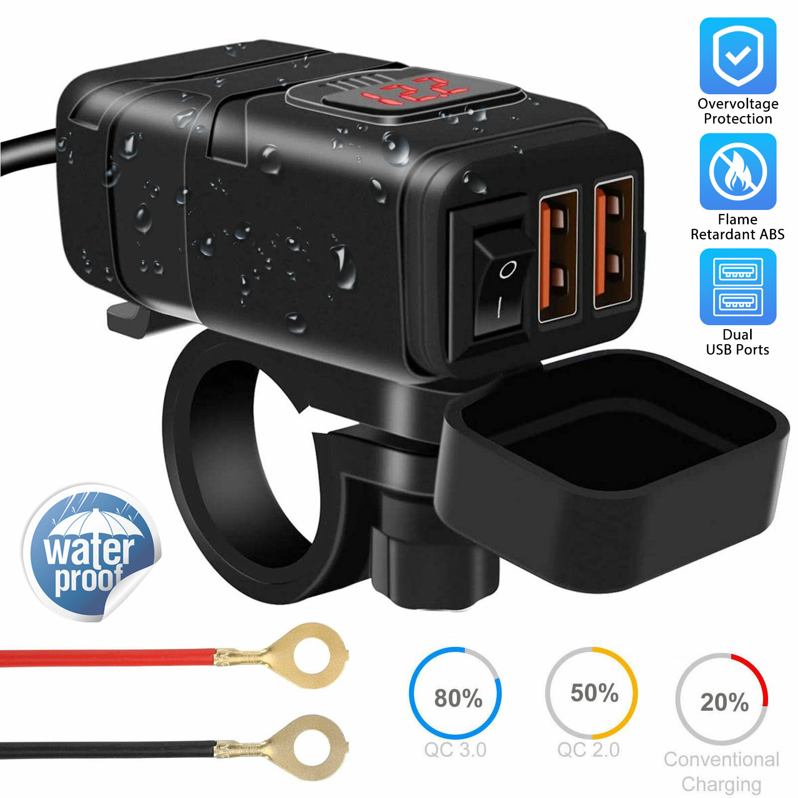 QC 3.0 Motorcycle Dual USB Phone GPS Super Fast Charger Adapter LED Waterproof