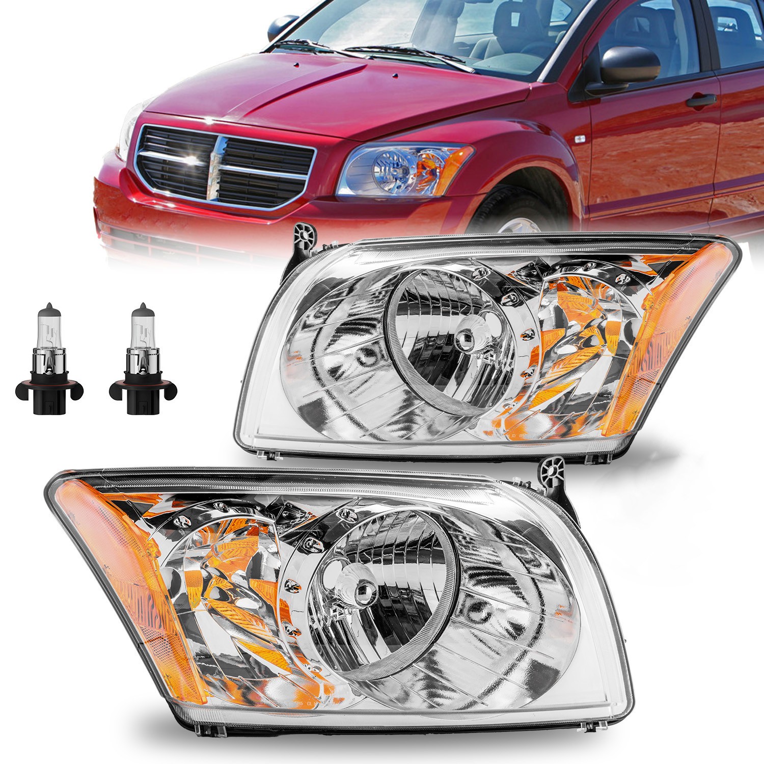 Chrome Amber Side Halogen Headlights for 2007-2012 Dodge Caliber L+R W/Bulbs Chrome Amber Side Halogen Headlights for 2007-2012 Dodge Caliber L+R W/Bulbs
