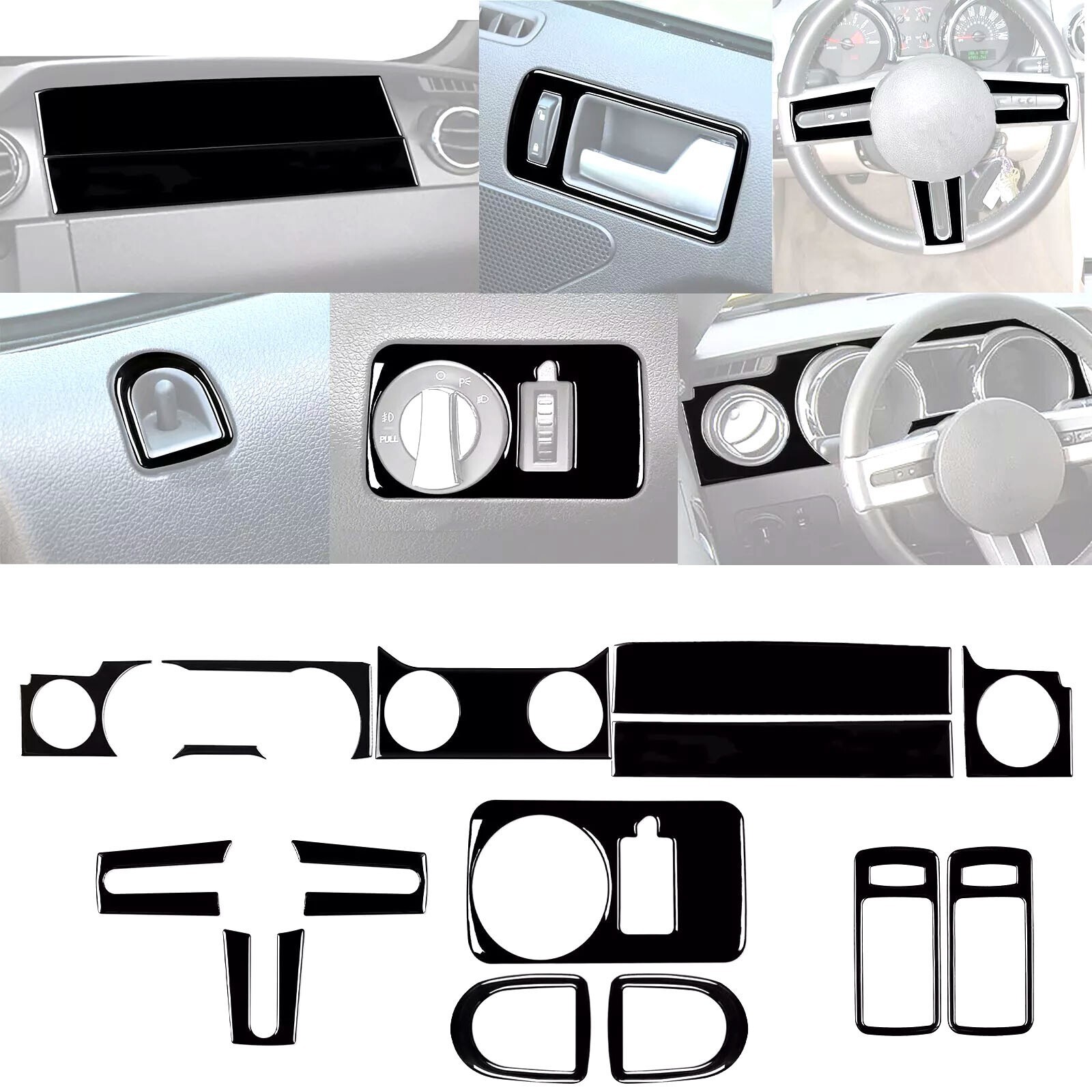 15Pcs Glossy Piano Black Full Interior Dashboard Trim Kit For Ford Mustang 05-09