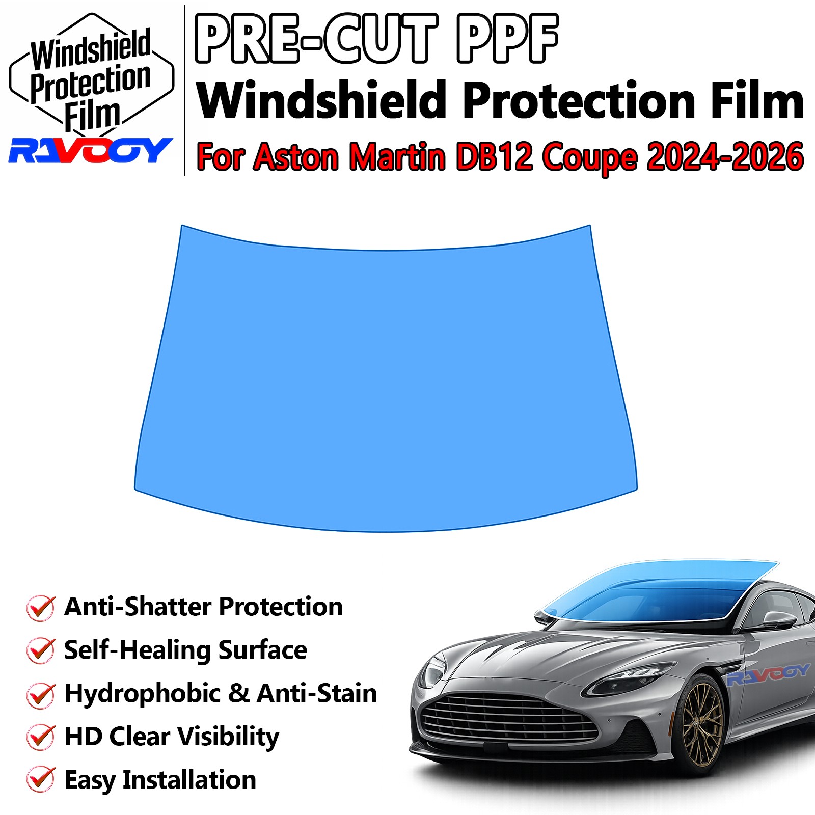 PreCut Front Windshield Protection Film For Aston Martin DB12 Coupe 2024-2026