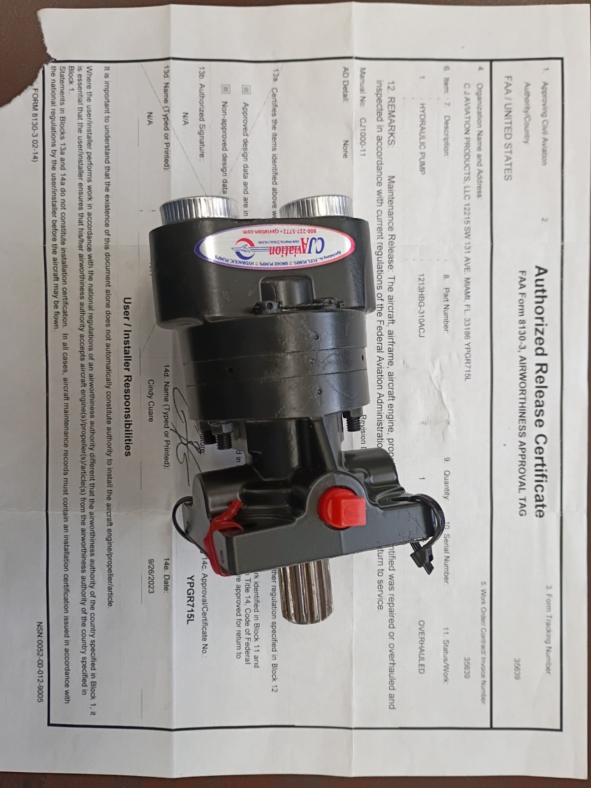 Piper Hydraulic Pump 1213HBG-310AGC Overhauled with 8130 Piper Hydraulic Pump 1213HBG-310AGC Overhauled with 8130