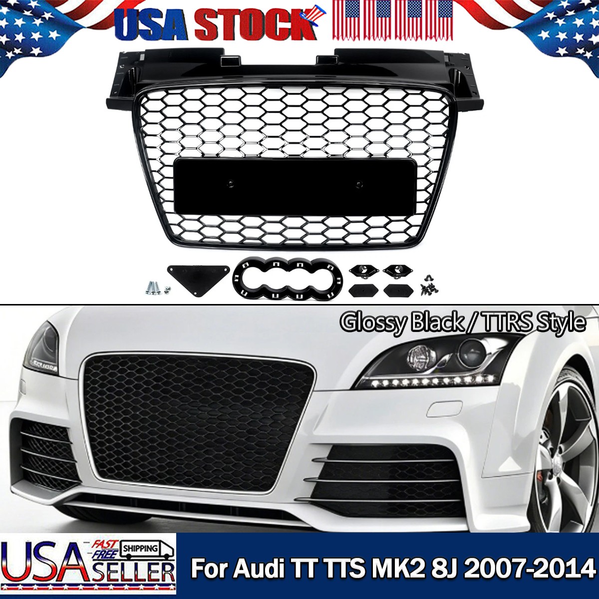FOR AUDI TT TTS MK2 2007-2014 GRILLE TTRS LOOK GLOSSY BLACK HONEYCOMB MESH GRILL