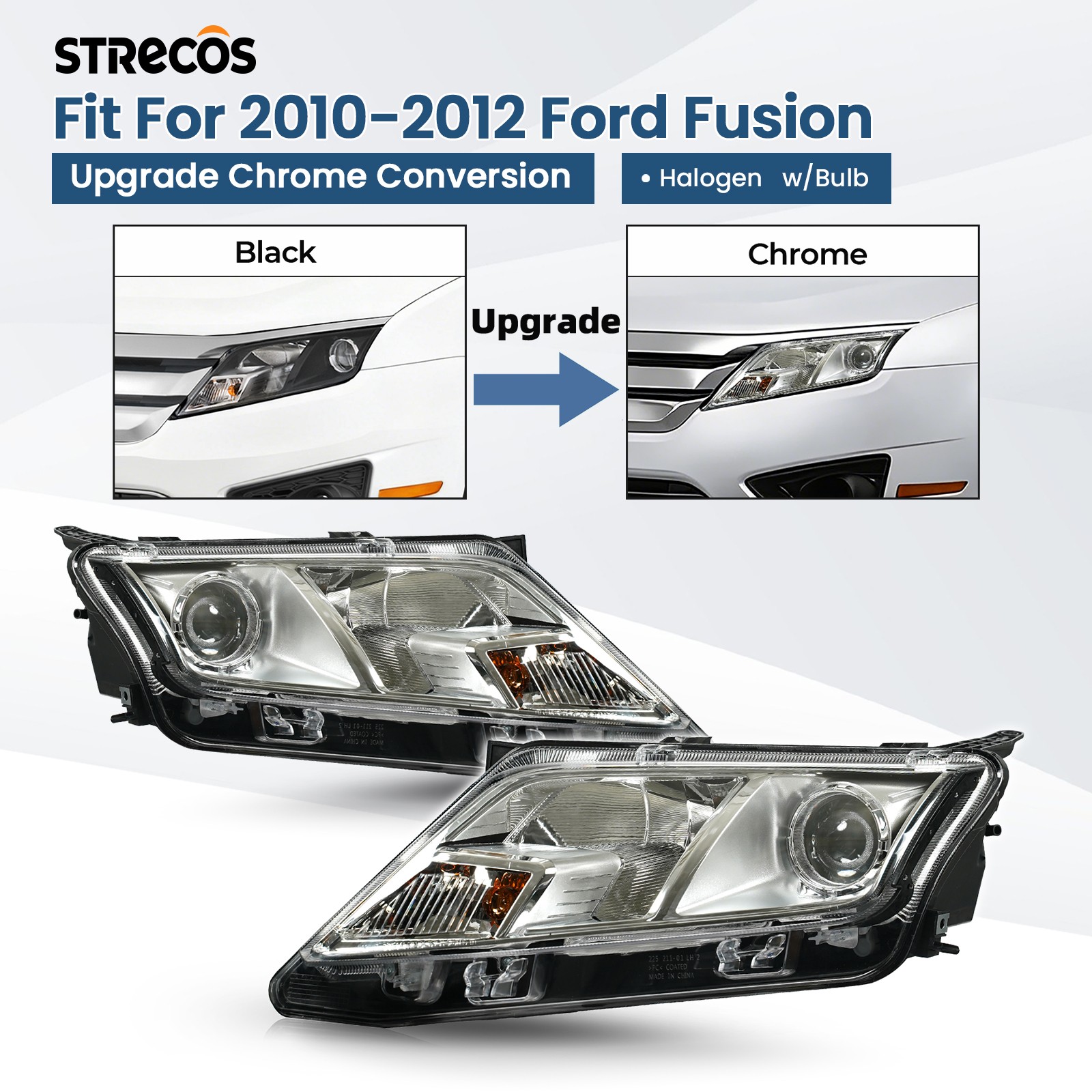 For 2010-2012 Ford Fusion Upgrade Halogen Headlight Chrome Conversion Left+Right
