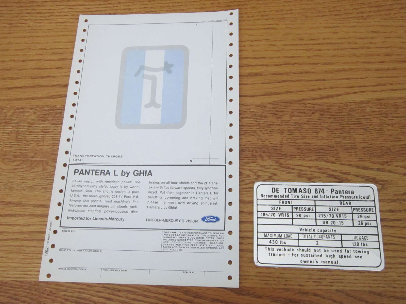 1973-74 DeTomaso Pantera NEW Window Sticker + Tire Pressure Sticker 1973-74 DeTomaso Pantera NEW Window Sticker + Tire Pressure Sticker