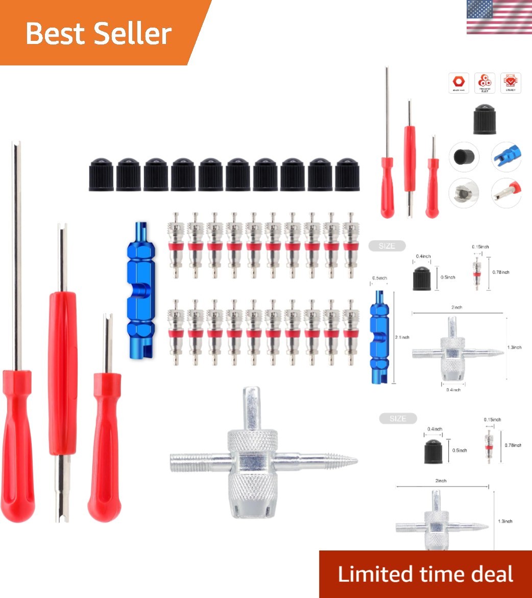 Comprehensive Valve Stem Removal Tool Set - 20 Valve Cores & 10 Caps Included