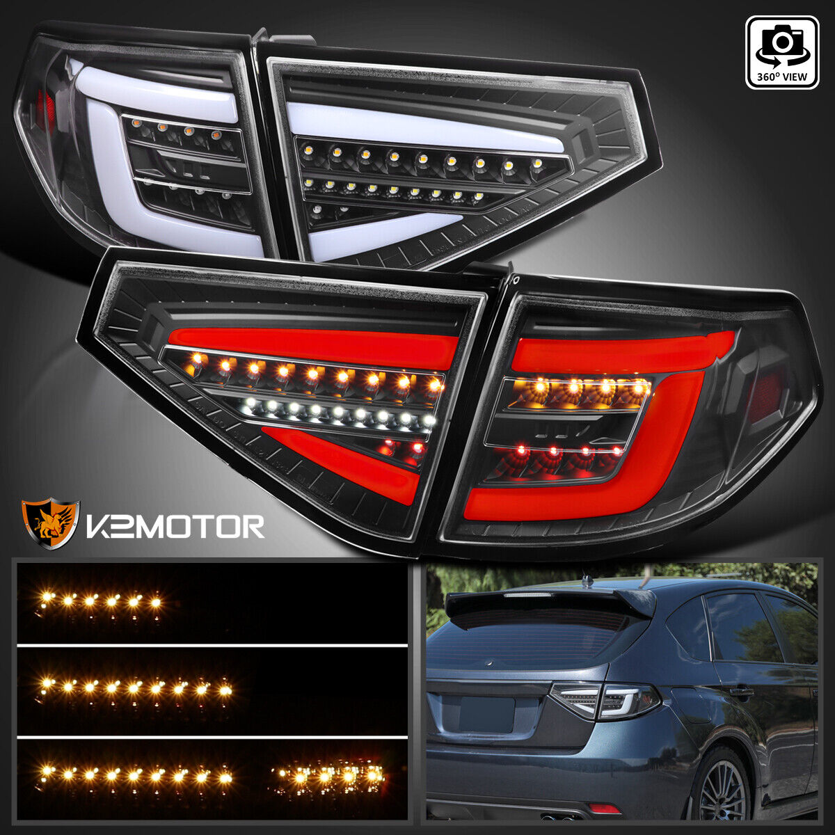 For Black 2008-2014 Subaru Impreza WRX Hatchback LED Sequential Tube Tail Lights
