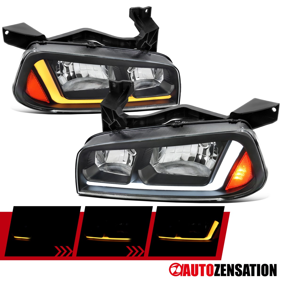 Fit 2006-2010 Dodge Charger Black Halogen Headlights Lamps LED Sequential Signal