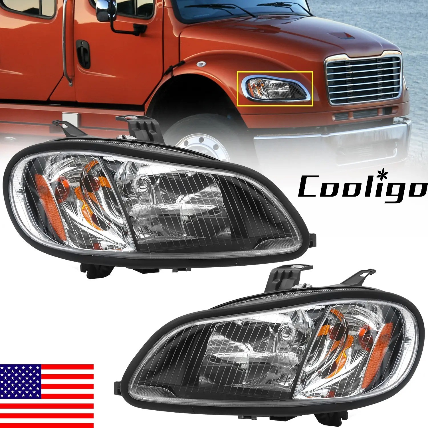 Headlight Assembly Pair For 2004-2013 Freightliner M2 Black Left Right