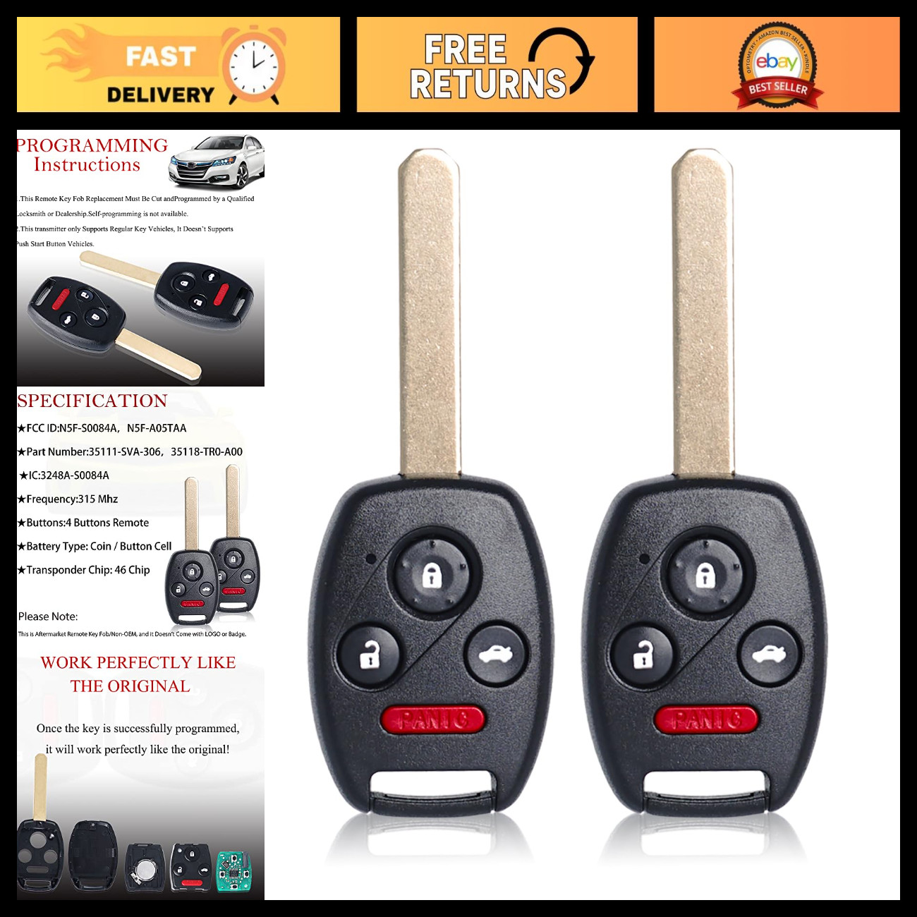 2PCS Key Fob Remote Replacement for Honda Civic & Acura MDX, Keyless Entry, 4 Bu 2PCS Key Fob Remote Replacement for Honda Civic & Acura MDX, Keyless Entry, 4 Bu