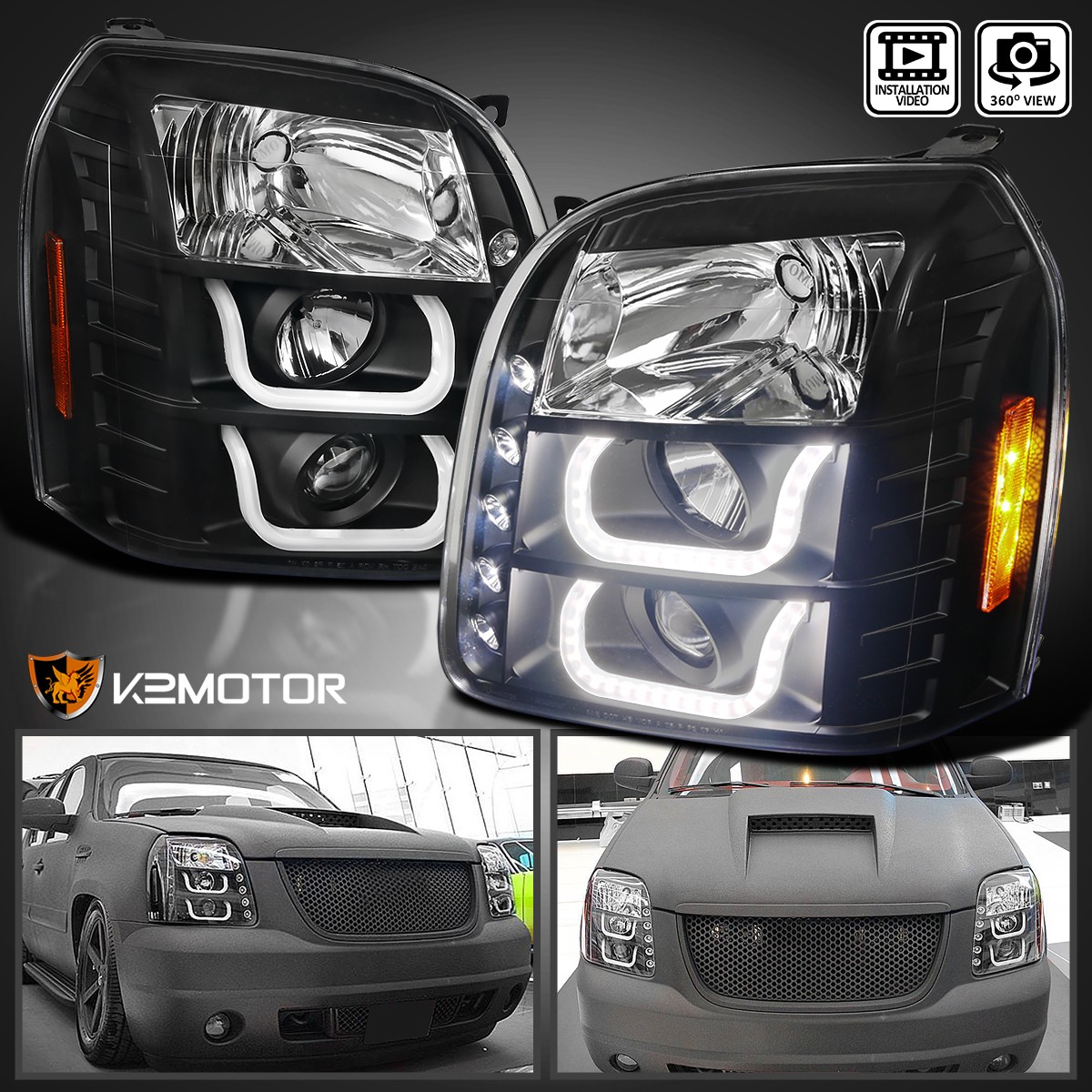 Fits 2007-2014 GMC Yukon XL Denali Black Halo Projector Headlights LED Bar Lamps