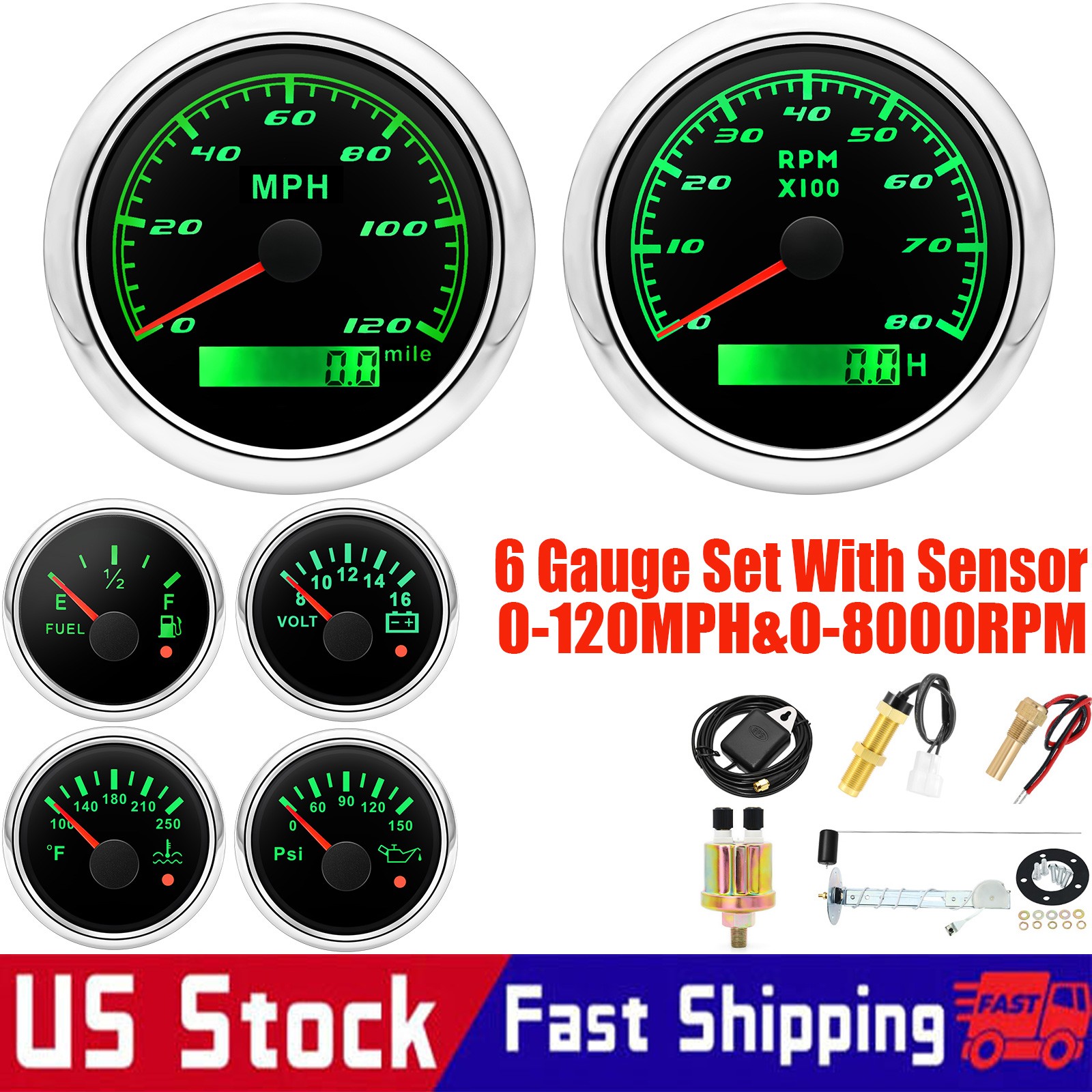 6 Gauge Set With Sensor 85mm GPS Speedometer 120MPH Tacho&52mm Fuel/Oil/Temp US 6 Gauge Set With Sensor 85mm GPS Speedometer 120MPH Tacho&52mm Fuel/Oil/Temp US