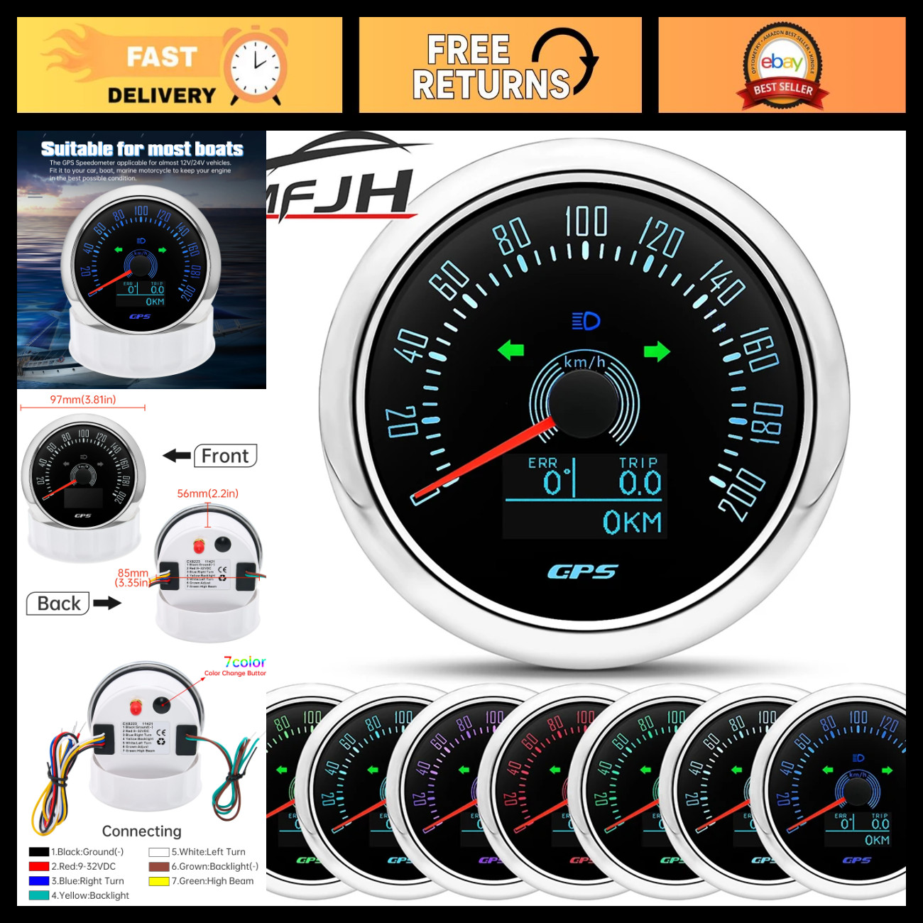 Digital GPS Speedometer 0-160MPH 0-200KMH Speed Meter w/ GPS Antenna, 7 Color Ba Digital GPS Speedometer 0-160MPH 0-200KMH Speed Meter w/ GPS Antenna, 7 Color Ba