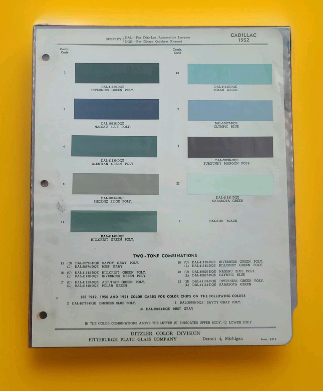 1952 CADILLAC DEVILLE FLEETWOOD SIXTY-TWO SPECIAL PAINT SAMPLE SPECSHEET DITZLER