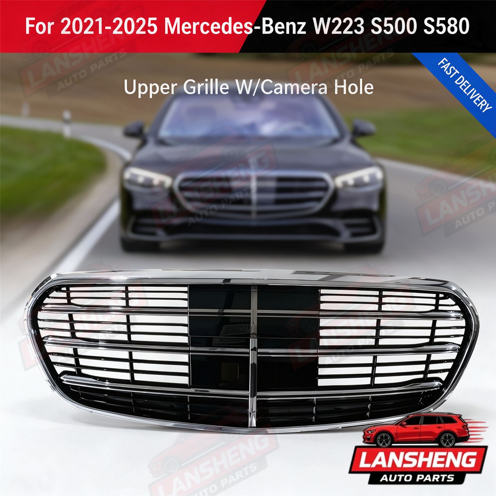 For 2021-2025 Mercedes-Benz W223 S500 S580 Front Upper Grille W/Chrome Trim