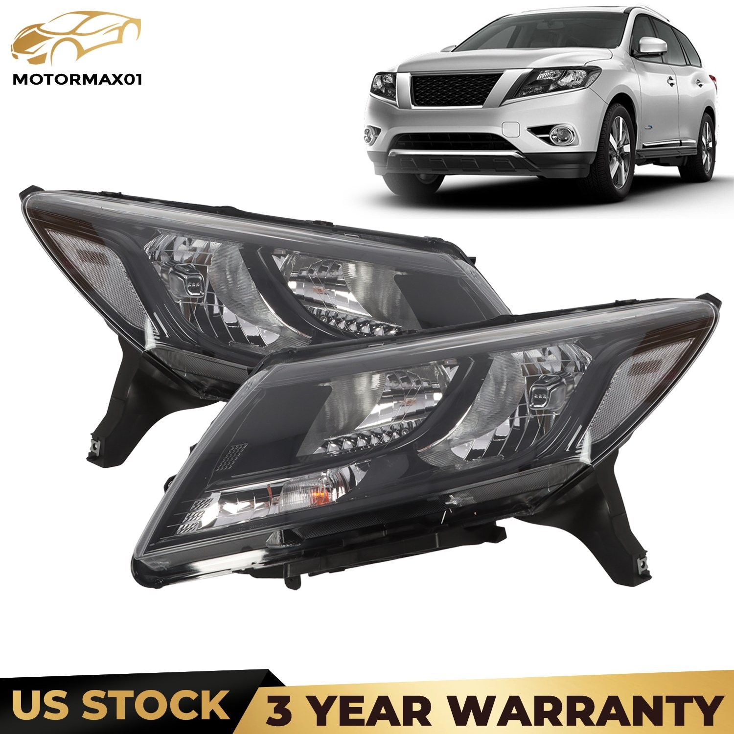 Pair Black Headlights Headlamps For 2013-2016 Nissan Pathfinder Platinum S SL SV