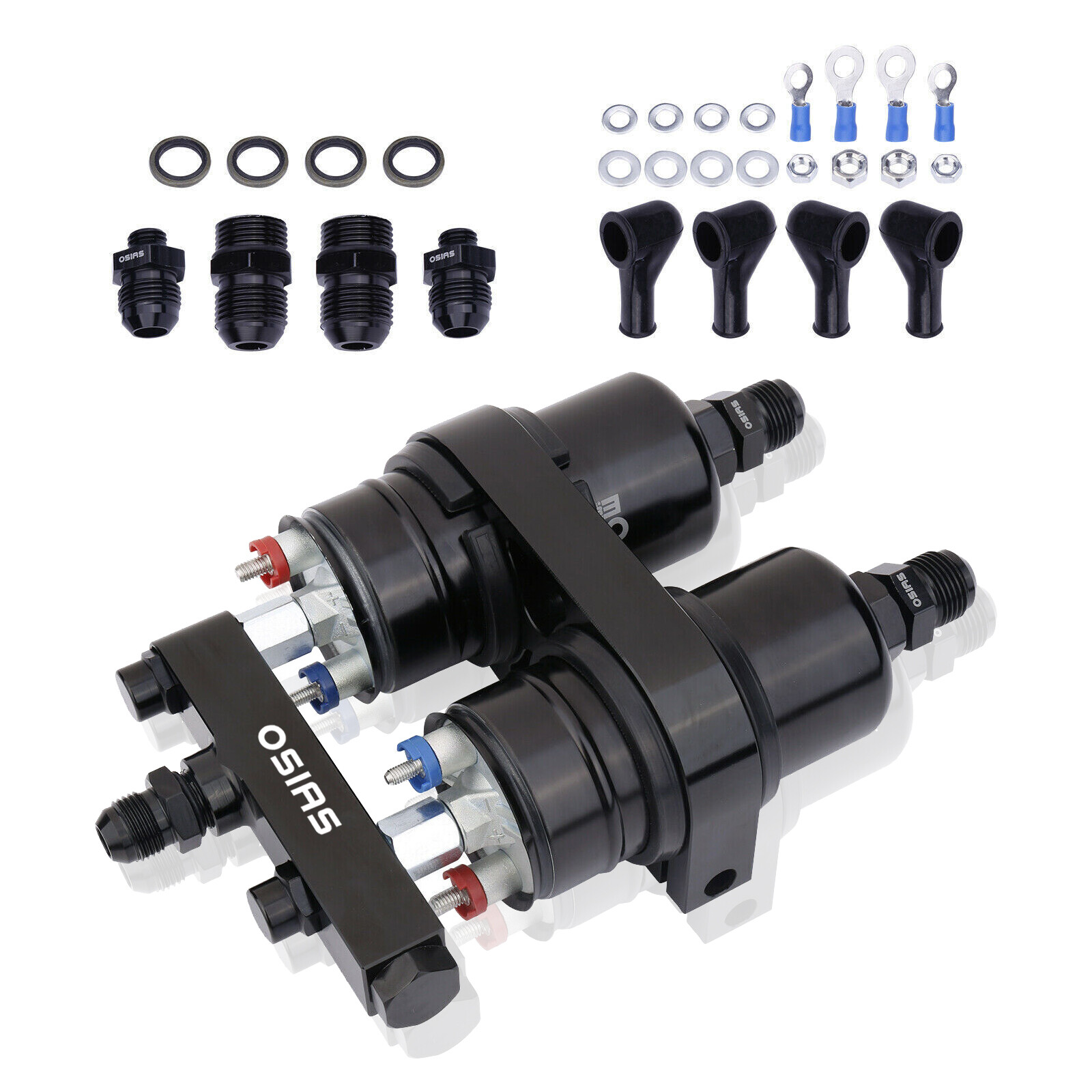 New 2x 044 High Flow External Fuel Pump + Dual Bracket & Out Manifold AN8
