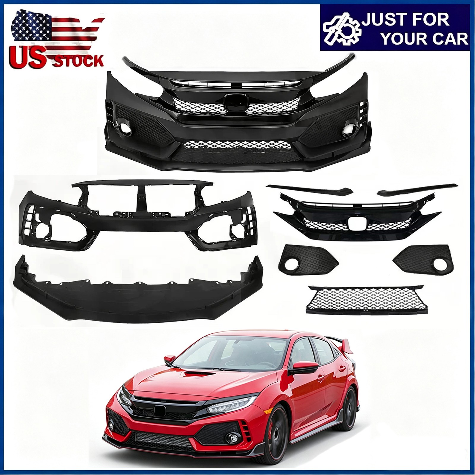 For 2016-2021 Honda Civic Type R Style Front Bumper Cover Kit with Grille & Lip