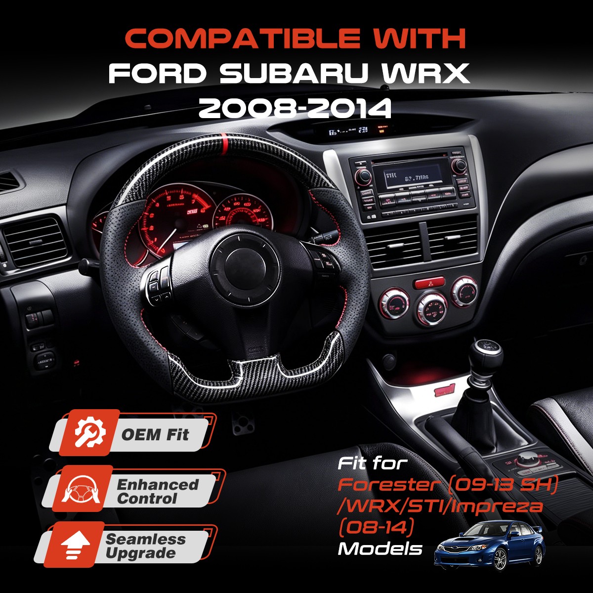 Hydro Carbon Fiber Steering Wheel For 2008-14 SUBARU IMPREZA STI WRX Flat Bottom Hydro Carbon Fiber Steering Wheel For 2008-14 SUBARU IMPREZA STI WRX Flat Bottom