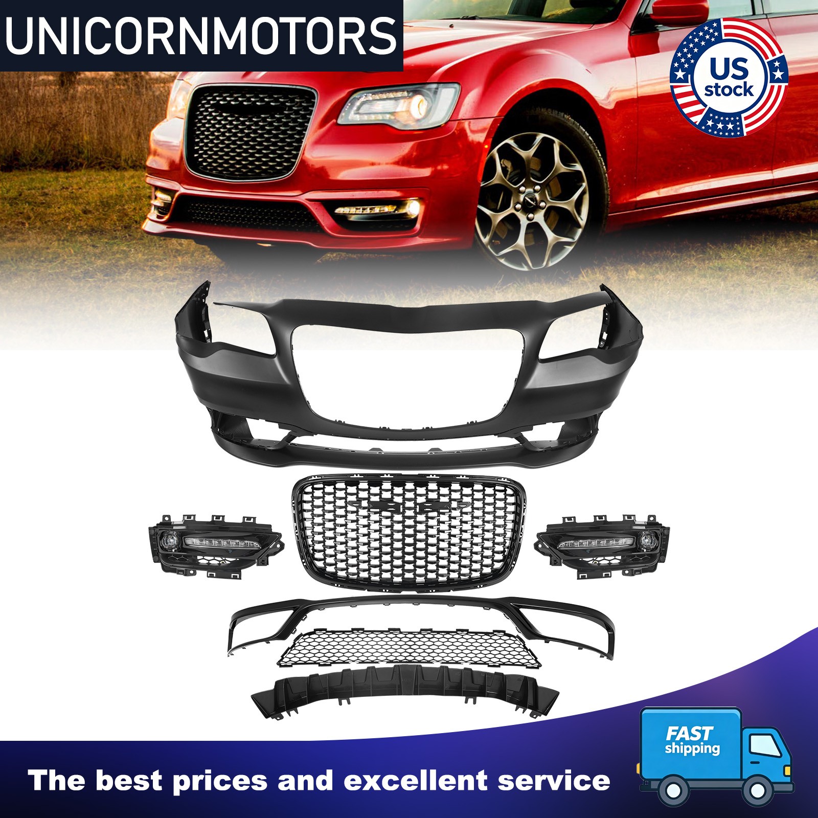 Fr 2015-2023 Chrysler 300/C SRT 8 Style Front Bumper Kit Conversion Assembly Set