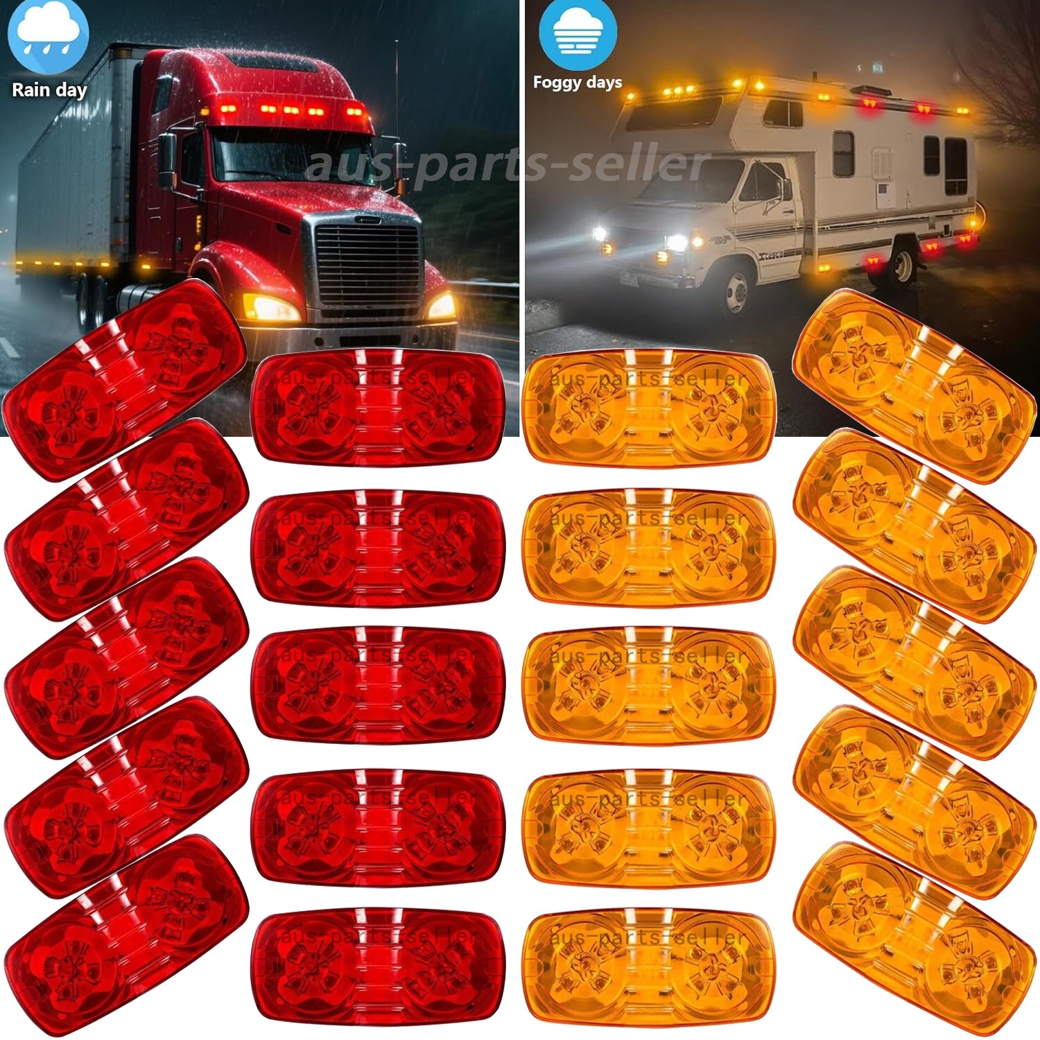 10x Red+10x Amber Trailer Marker Indicators LED Double Bull seye Clearance Light