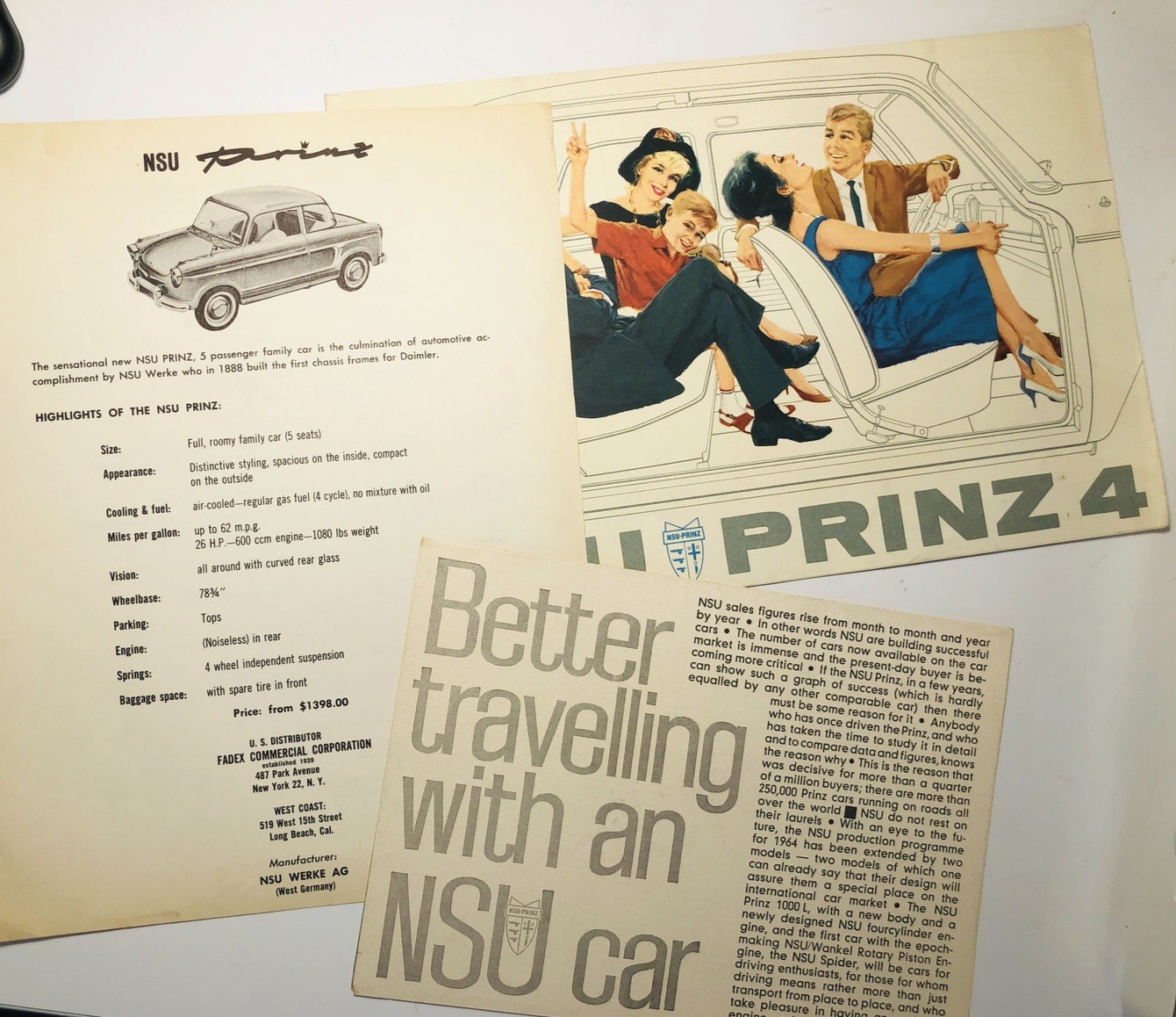 3 NSU PRINZ Car Sales Brochures 1959-Prinz, 1962 Prinz 4, 1964 Sport, Spider