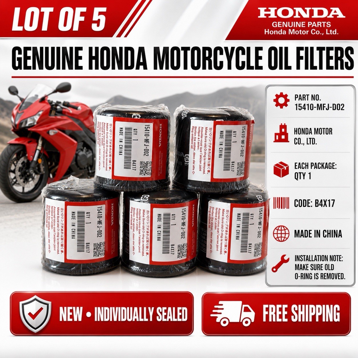 5 Genuine Honda Motorcycle Oil Filters 15410-MFJ-D02 OEM New Sealed