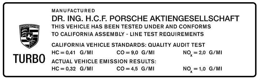 Porsche 911 TURBO (early) California emissions sticker Porsche 911 TURBO (early) California emissions sticker