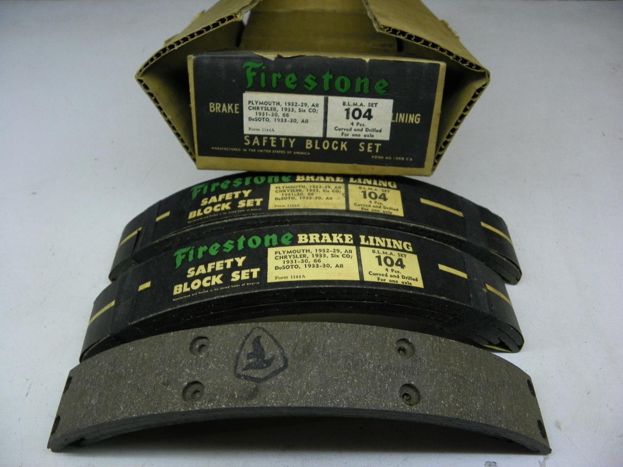 Firestone 104 Brake Lining (3 Sets) 1929-1933 Plymouth Chrysler DeSoto NORS