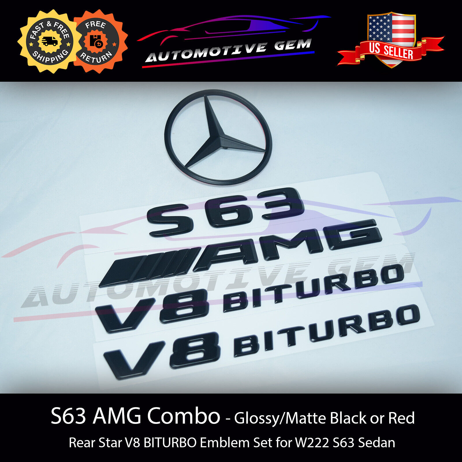 S63 SEDAN AMG V8 BITURBO Rear Star Emblem Black Badge Combo Set Mercedes W222