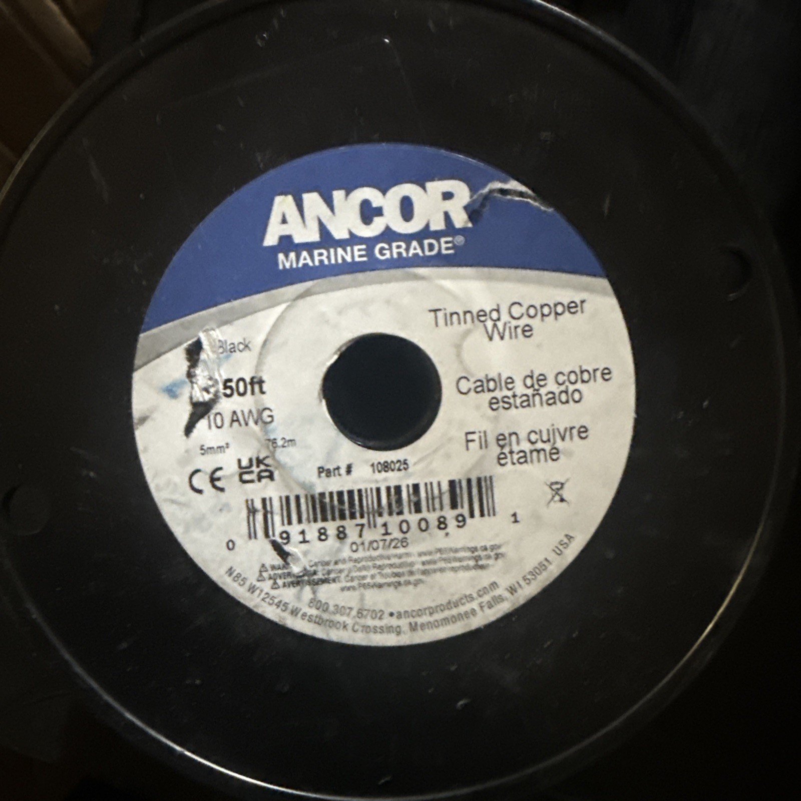 Ancor Black 10 AWG Tinned Copper Wire - 250' 108025 UPC 091887100891